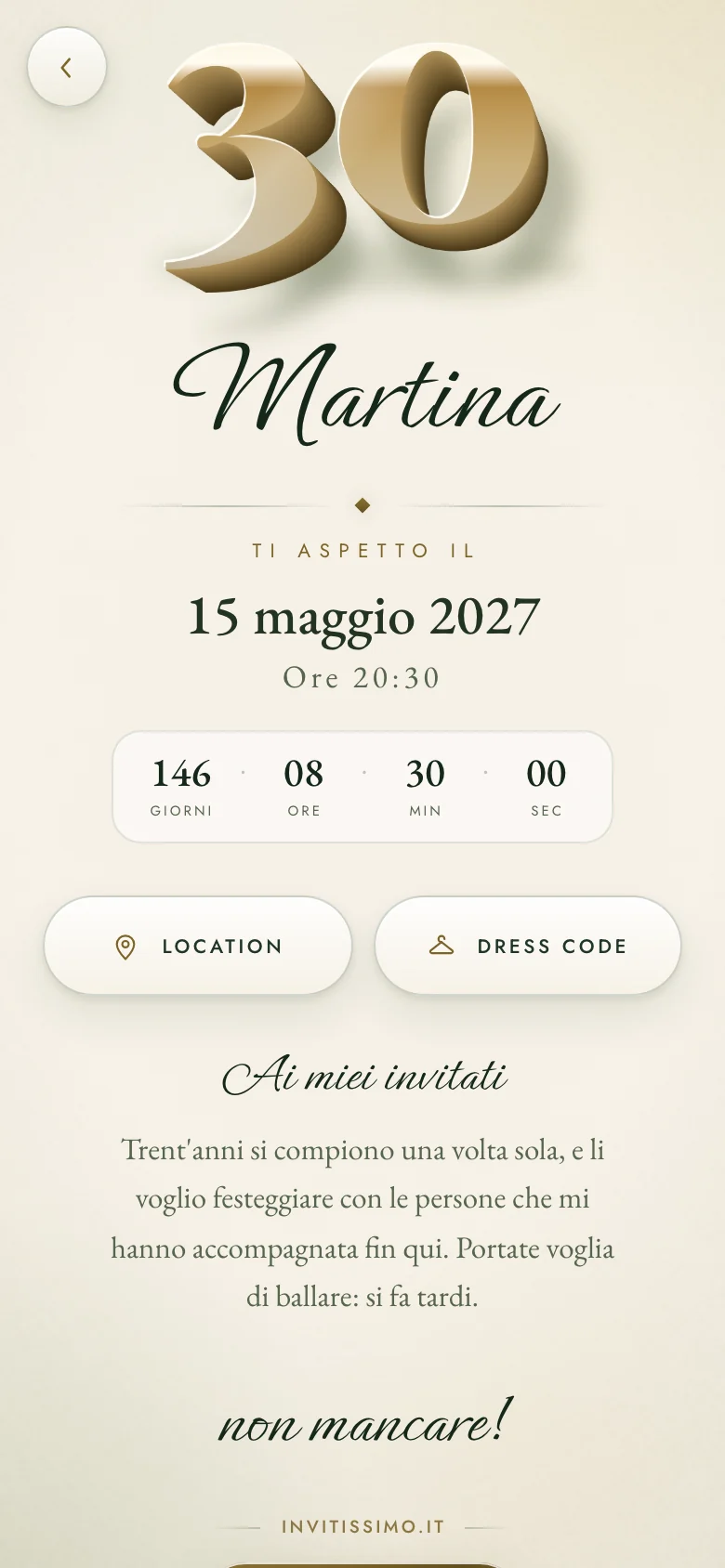 Invito digitale animato per un compleanno, tema Botanico: la pagina aperta sul telefono, coi nomi, la data e il conto alla rovescia.