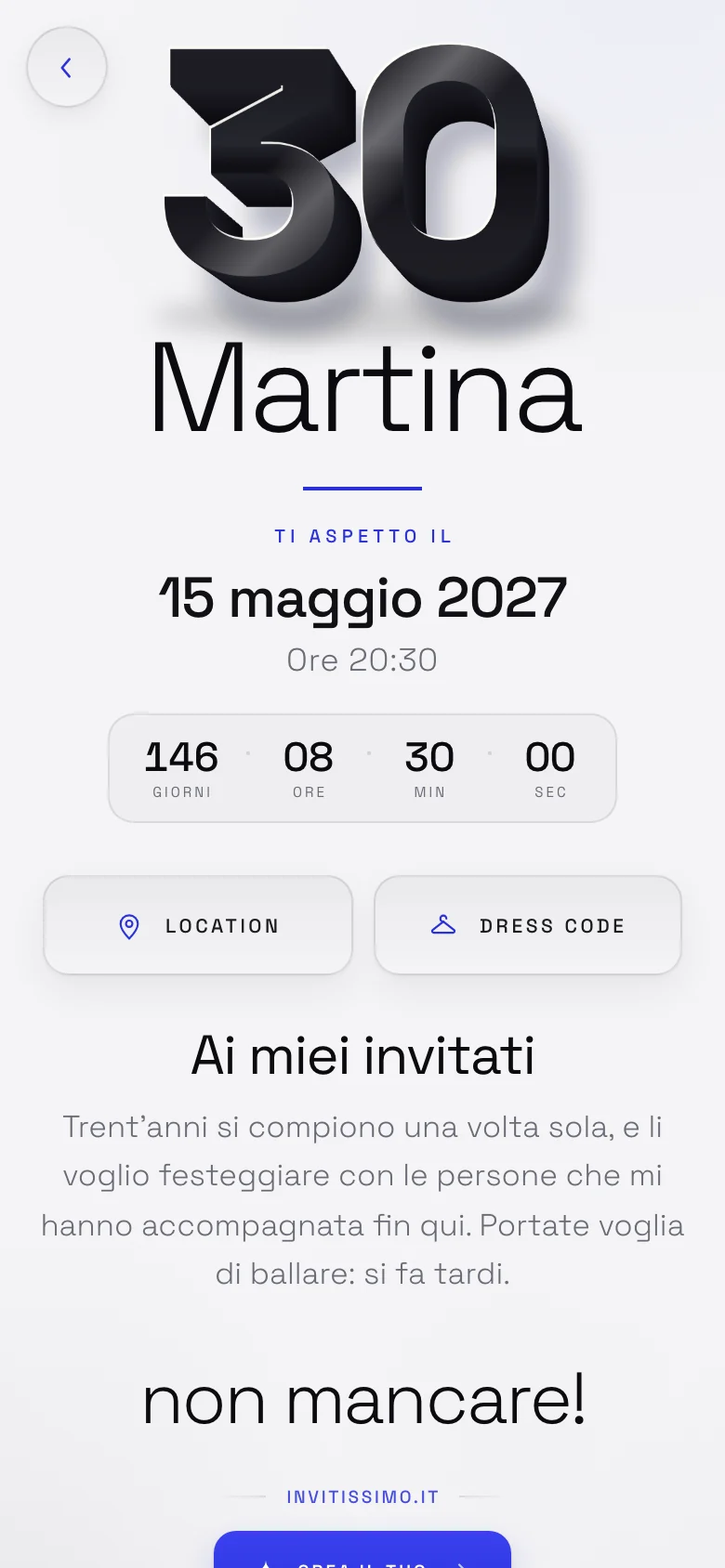 Invito digitale animato per un compleanno, tema Minimal: la pagina aperta sul telefono, coi nomi, la data e il conto alla rovescia.