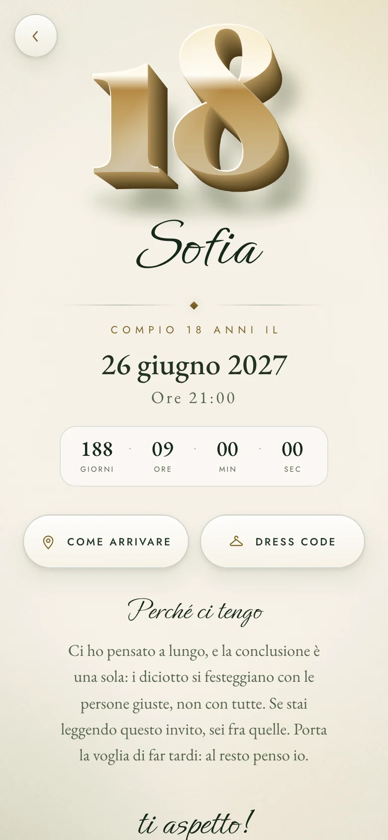 Invito digitale animato per un diciottesimo, tema Botanico: la pagina aperta sul telefono, coi nomi, la data e il conto alla rovescia.