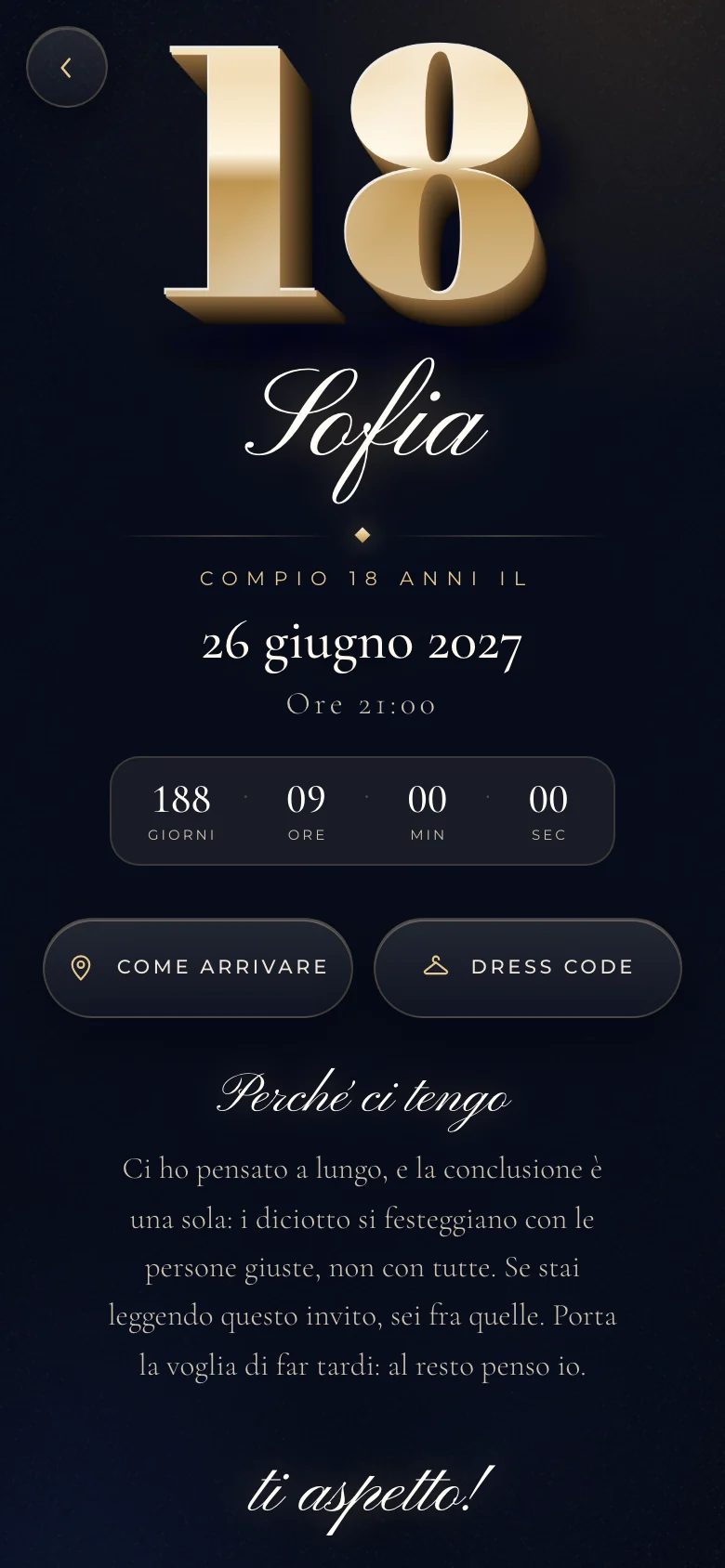 Invito digitale animato per un diciottesimo, tema Elegante: la pagina aperta sul telefono, coi nomi, la data e il conto alla rovescia.