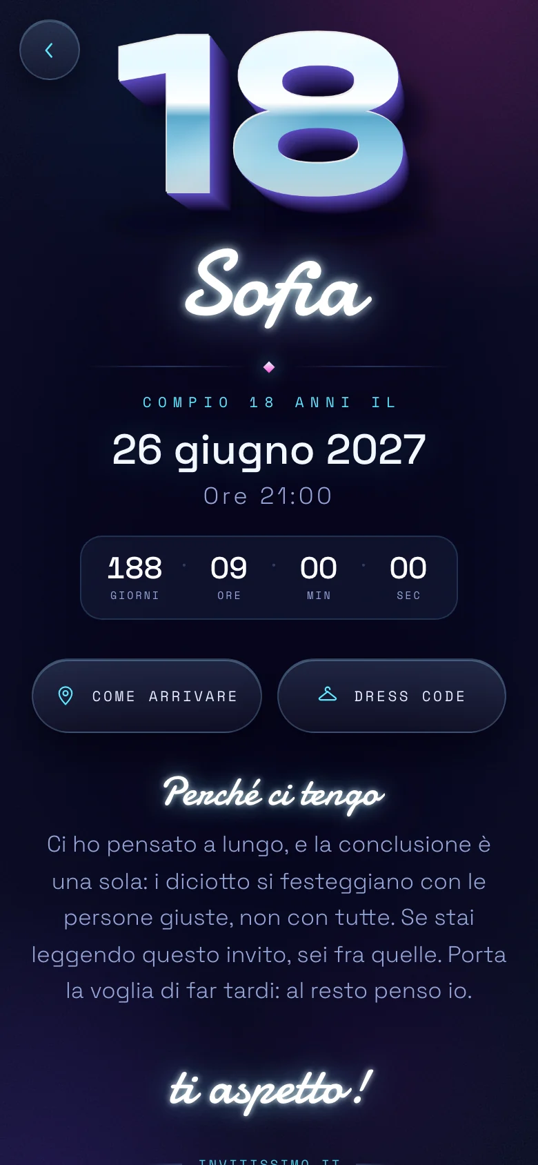 Invito digitale animato per un diciottesimo, tema Neon: la pagina aperta sul telefono, coi nomi, la data e il conto alla rovescia.