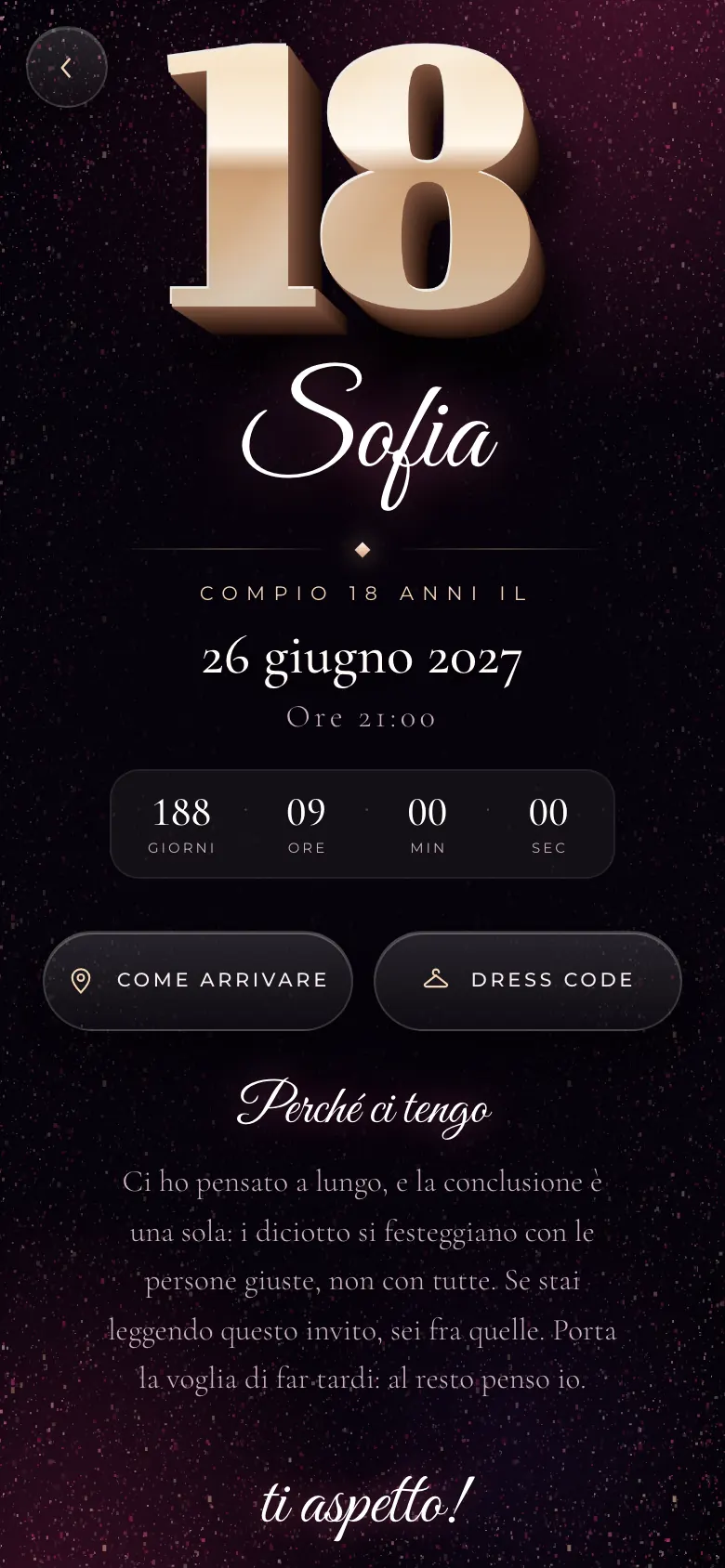 Invito digitale animato per un diciottesimo, tema Noir Glitter: la pagina aperta sul telefono, coi nomi, la data e il conto alla rovescia.