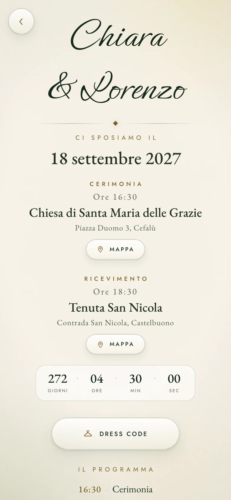 Invito digitale animato per un matrimonio, tema Botanico: la pagina aperta sul telefono, coi nomi, la data e il conto alla rovescia.