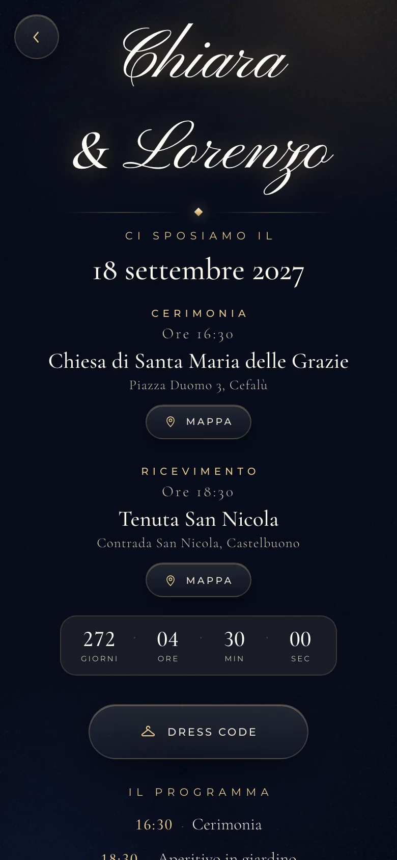 Invito digitale animato per un matrimonio, tema Elegante: la pagina aperta sul telefono, coi nomi, la data e il conto alla rovescia.