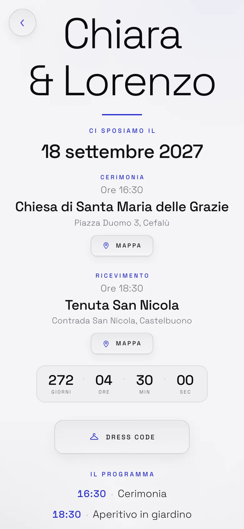 Invito digitale animato per un matrimonio, tema Minimal: la pagina aperta sul telefono, coi nomi, la data e il conto alla rovescia.