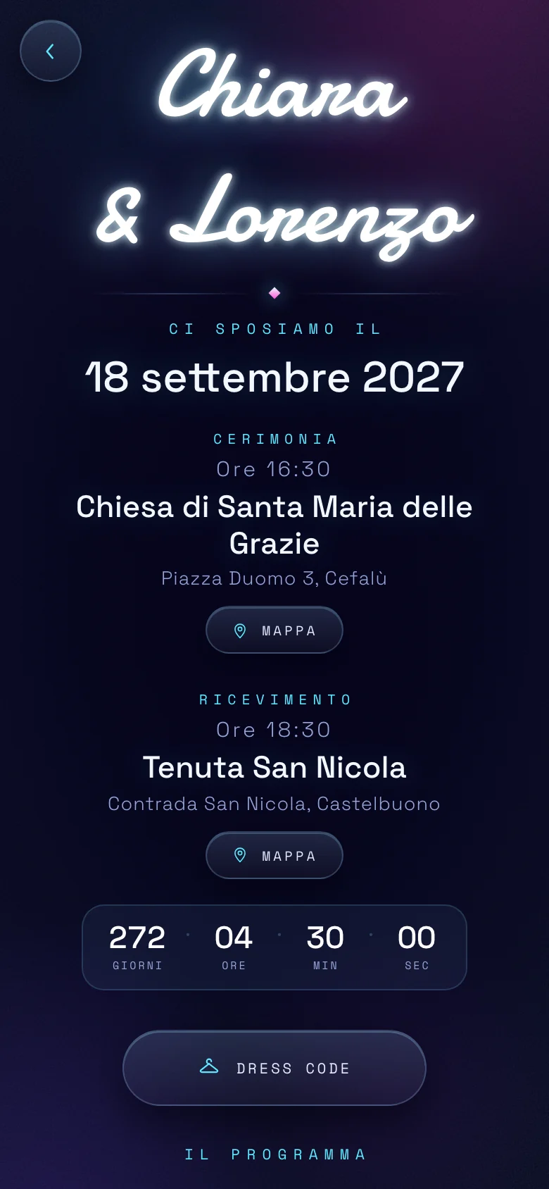 Invito digitale animato per un matrimonio, tema Neon: la pagina aperta sul telefono, coi nomi, la data e il conto alla rovescia.