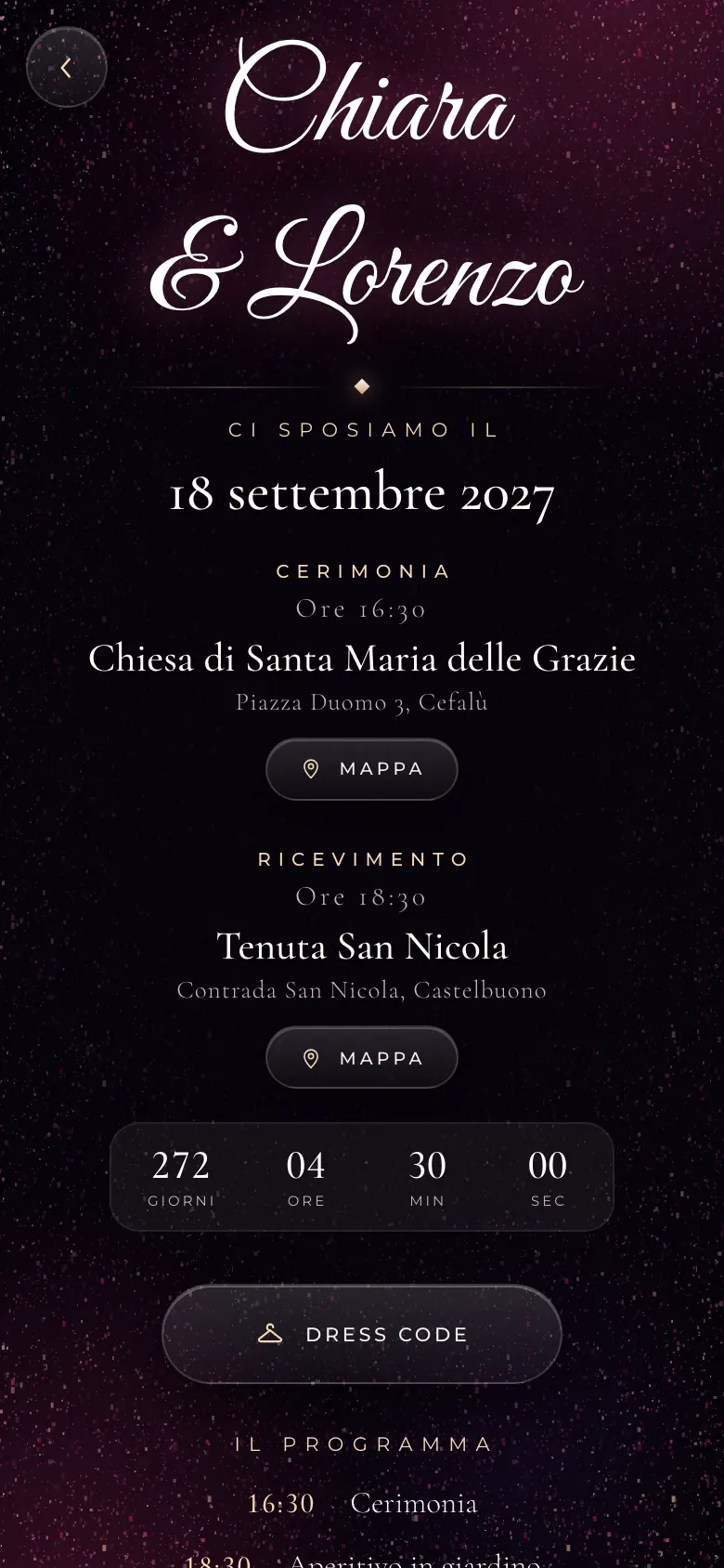 Invito digitale animato per un matrimonio, tema Noir Glitter: la pagina aperta sul telefono, coi nomi, la data e il conto alla rovescia.